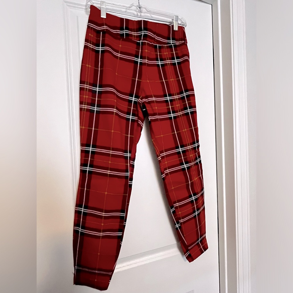 New York & Company Petite Whitney High Waisted Pull-On Slim-Leg Pant Red Plaid
